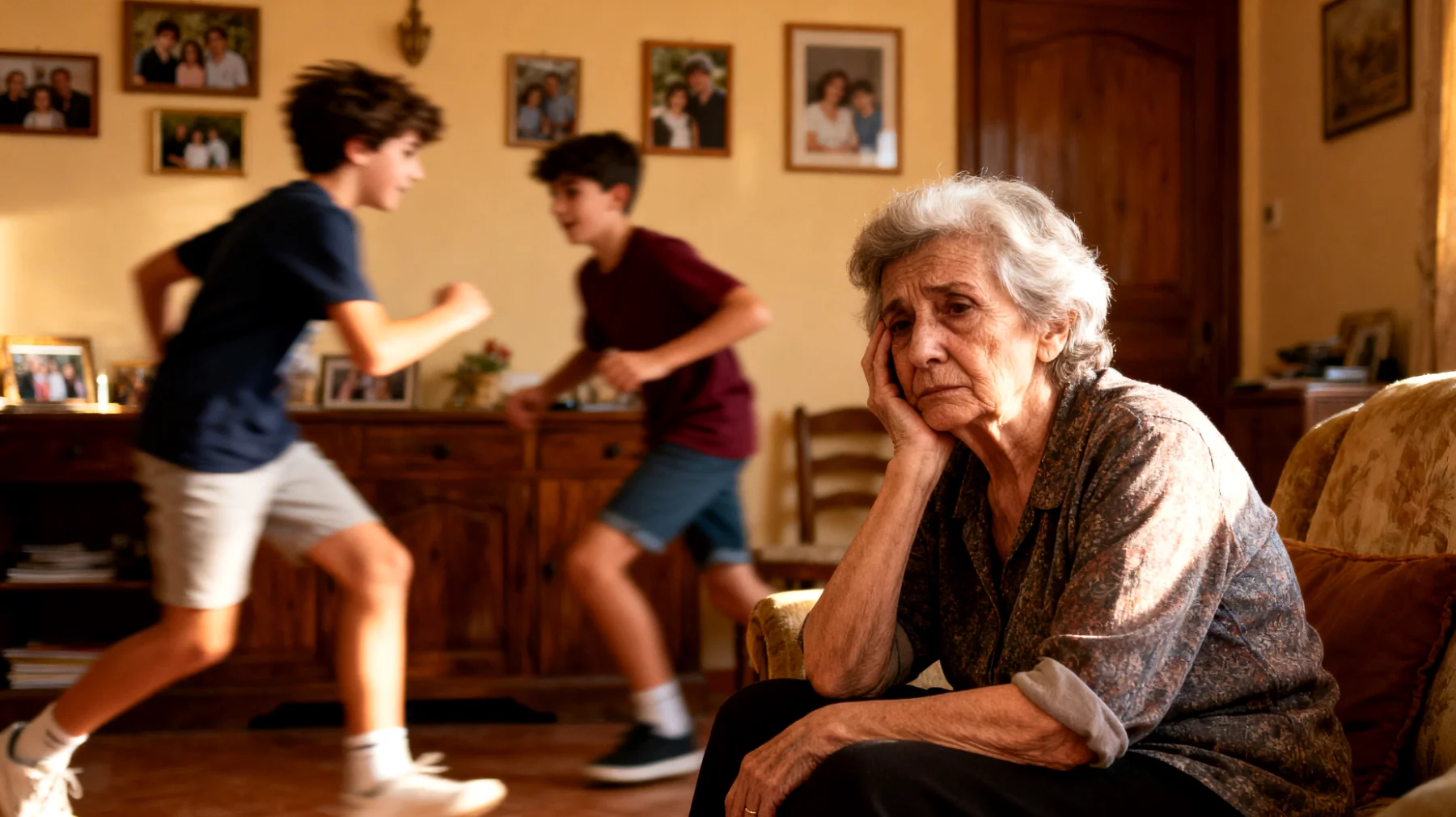 Nonna che si sente sopraffatta dalla stanchezza fisica ed emotiva nel gestire i nipoti adolescenti, con difficoltà a tenere il ritmo delle loro energie e necessità, sentendosi inadeguata e in colpa per non riuscire a dedicare loro il tempo e le attenzioni che vorrebbe"